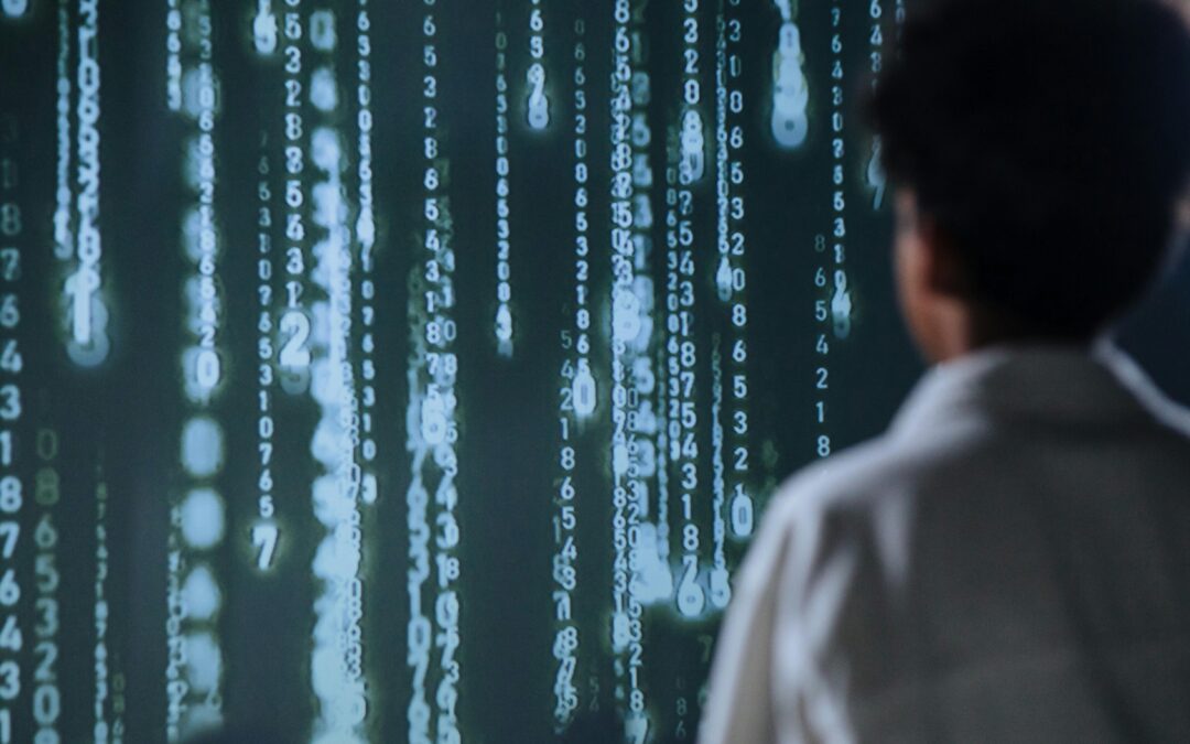 back view of woman looking at large screen of code